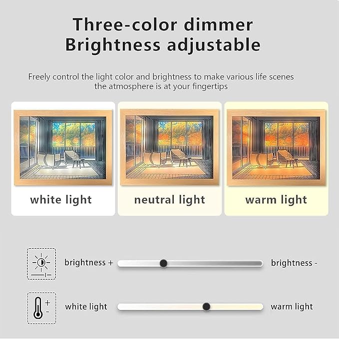Elegant Glow LED Lighting Painting Light Photo Frame Wall Bedroom Living Room Home Decoration, Behind Photo Frame Three Color Dimming Color Adjustment USB Plug-in Use - (Random Design)