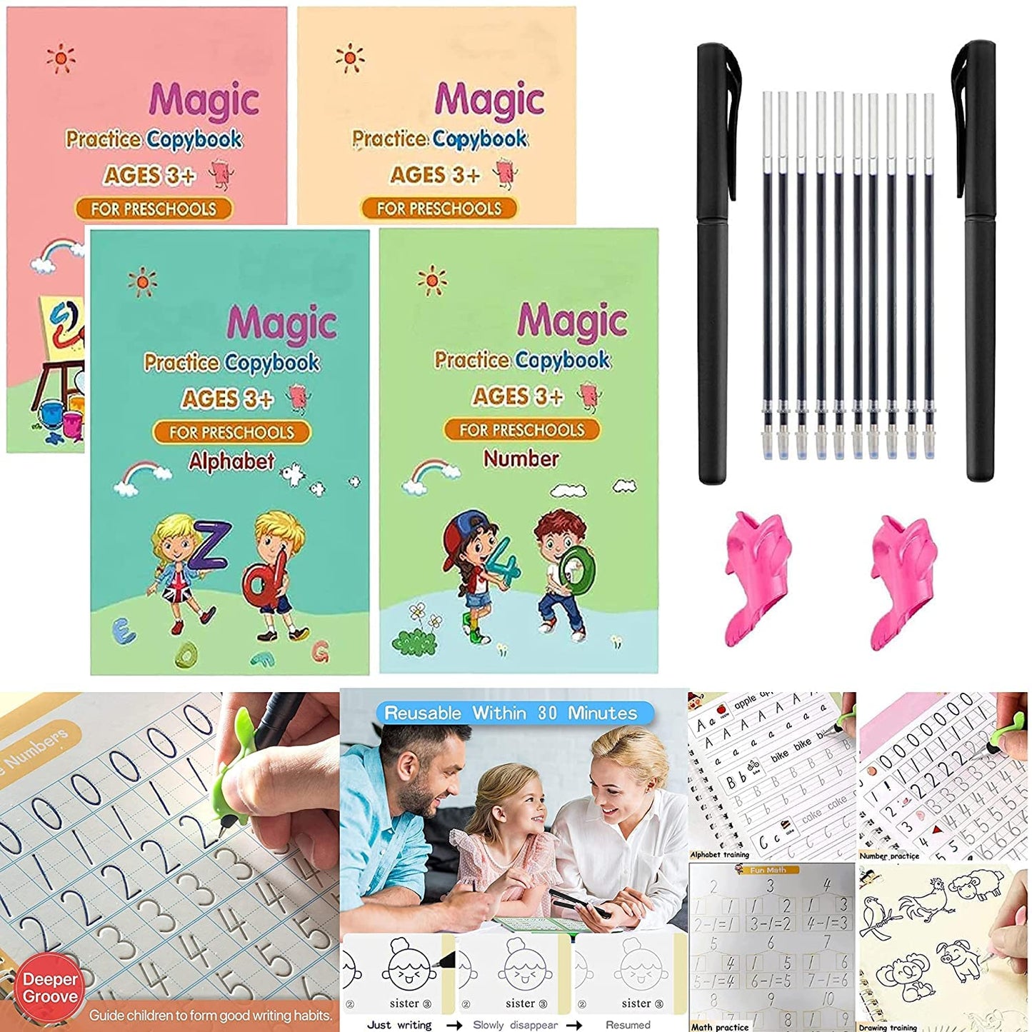 MAGIC BOOK Practice Copybook,(4 BOOK + 1 pen + 10 REFILL) (4 BOOK + 10 REFILL+ 1 PEN)😍😍BUY 1 GET 1 FREE😍😍